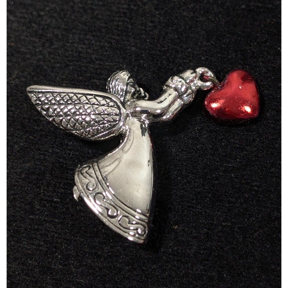 Silver Tone Flying Angel Red Heart Charm Brooch Pin‎